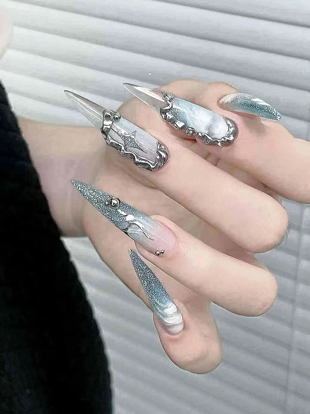 N020 Blue-Grey Metallic Fine Glitter Sculpted Long Stiletto Press-On Nails - Image 4