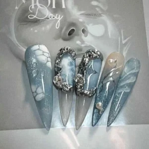 N020 Blue-Grey Metallic Fine Glitter Sculpted Long Stiletto Press-On Nails