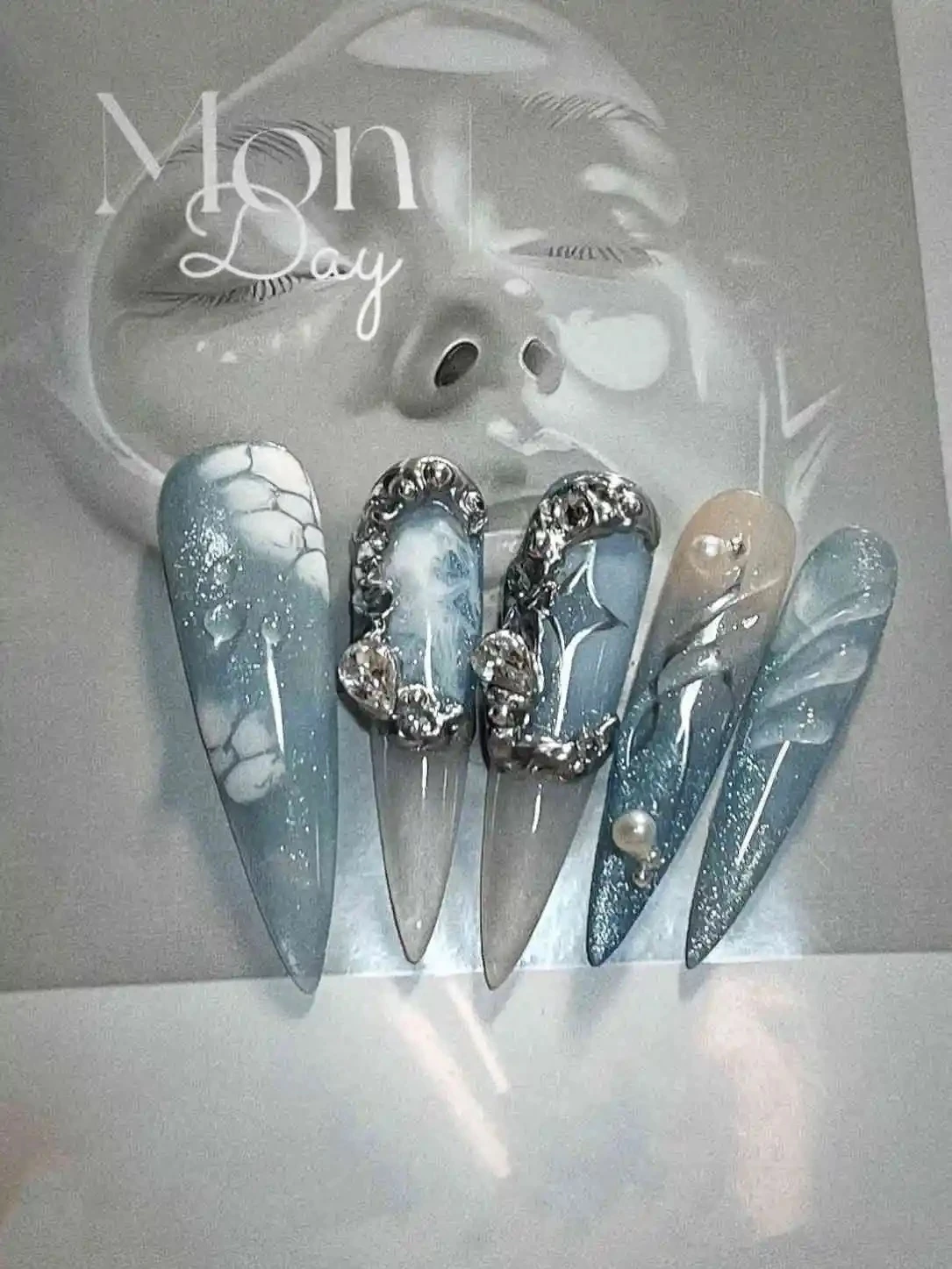 N020 Blue-Grey Metallic Fine Glitter Sculpted Long Stiletto Press-On Nails