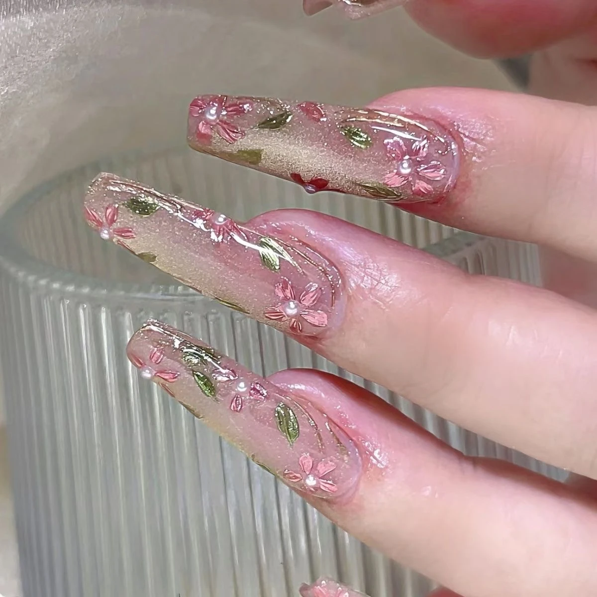 N032 Framed Pink Cat Eye Hand-Painted Floral Long Square Press-On Nails - Image 2
