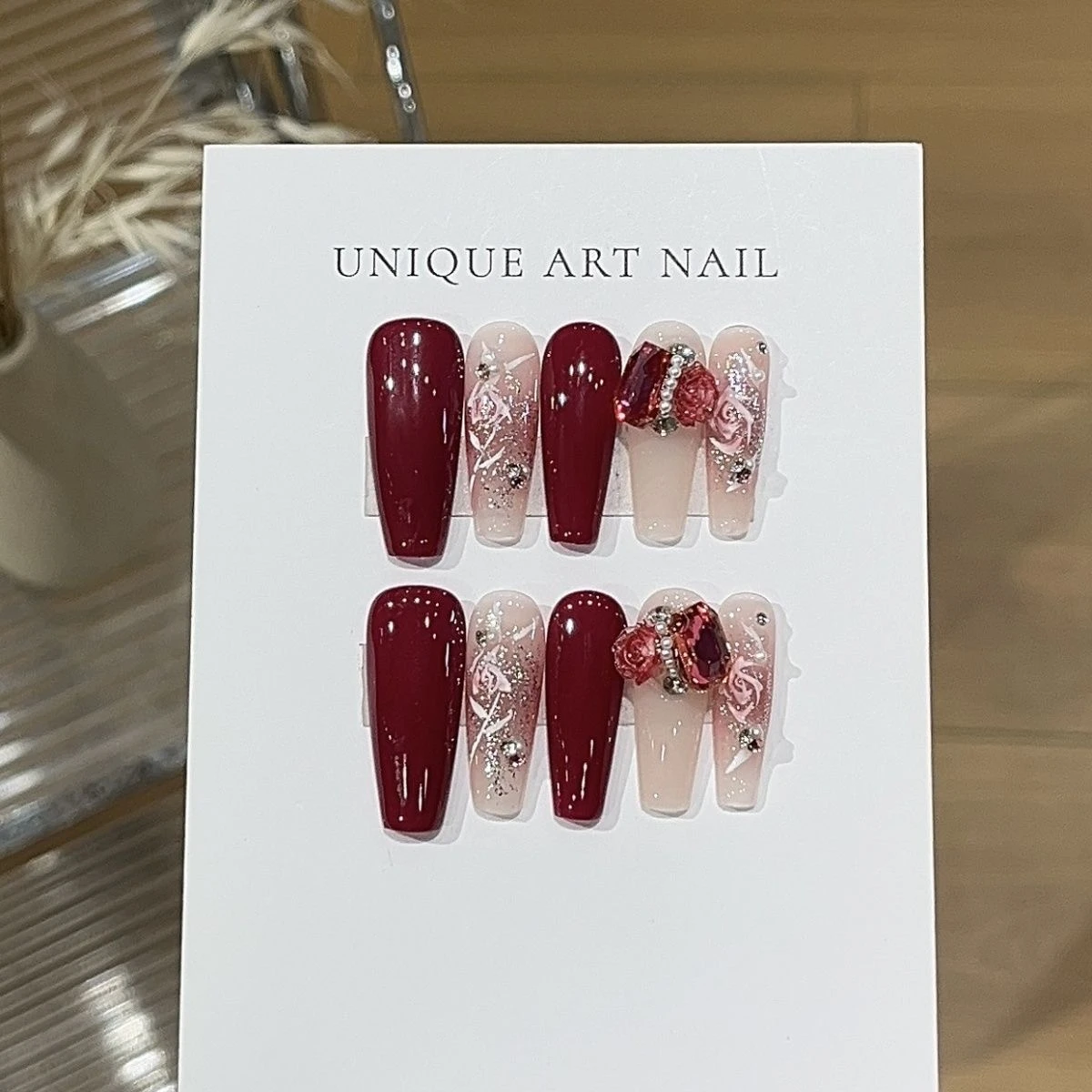 N029 Red Glossy Long Oval Hand-Painted 3D Rose Press-On Nails - Image 2