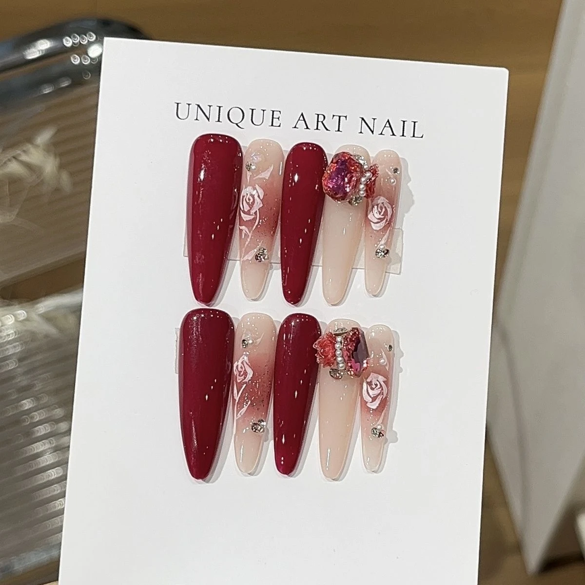 N029 Red Glossy Long Oval Hand-Painted 3D Rose Press-On Nails - Image 3