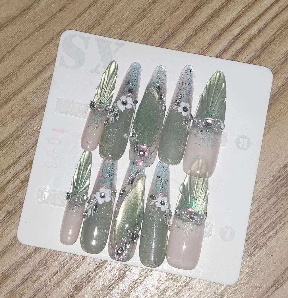 N053 Elegant Green Cat Eye Gradient Long Almond Crystal Accented 3D Floral Press-On Nails - Image 2