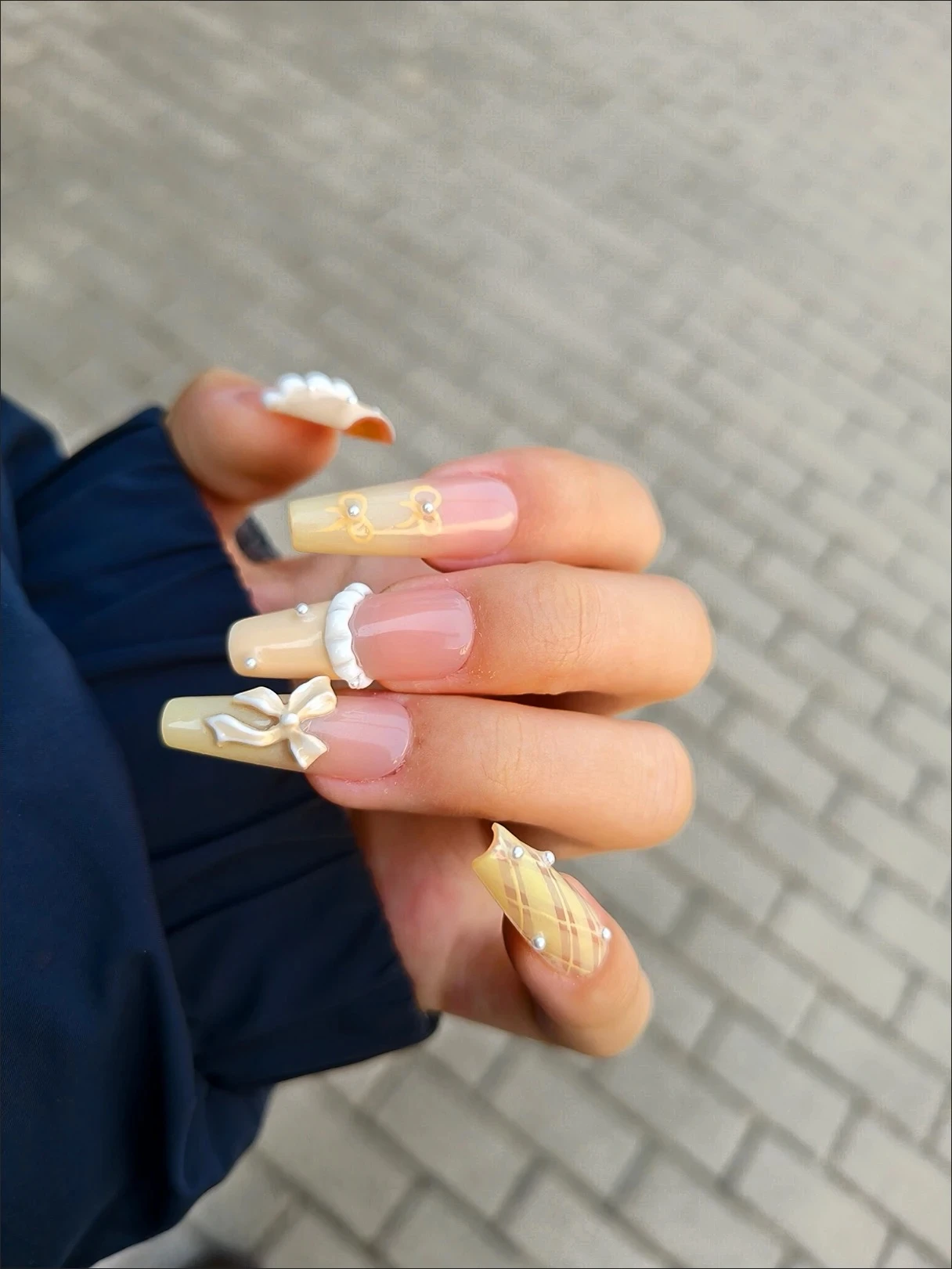 N022 Cute Pastel Yellow Long Coffin Press-On Nails with Bow Details - Image 3