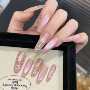 N040 Pink Cat Eye Soft Glam Long Coffin Hand-Painted Press-On Nails
