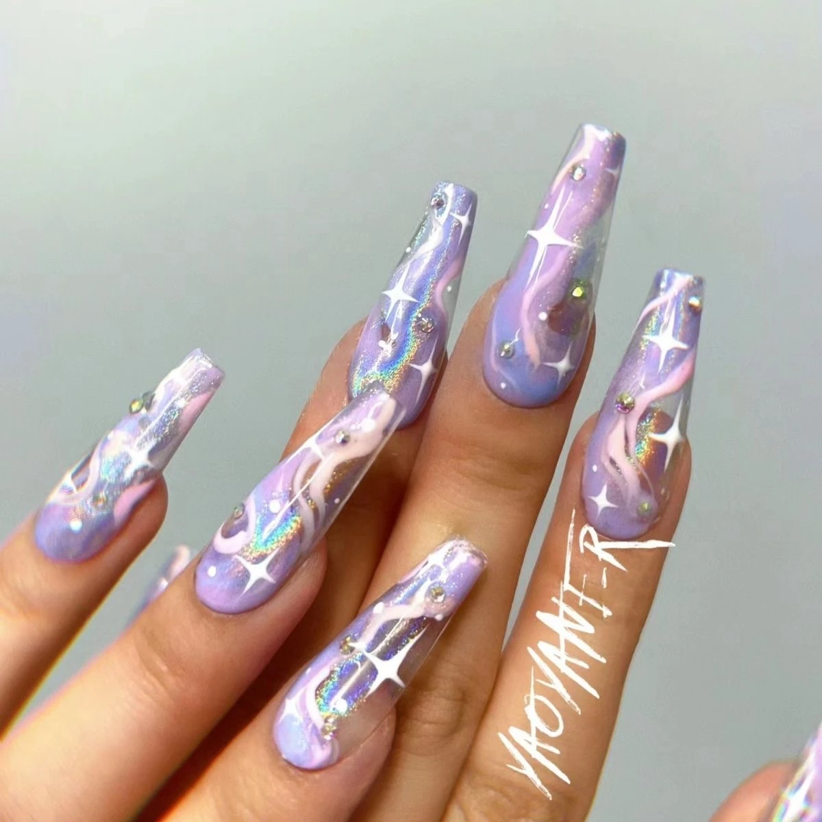 N038 Artistic Purple Glossy Multicolor Brushed Holographic Long T Press-On Nails - Image 2