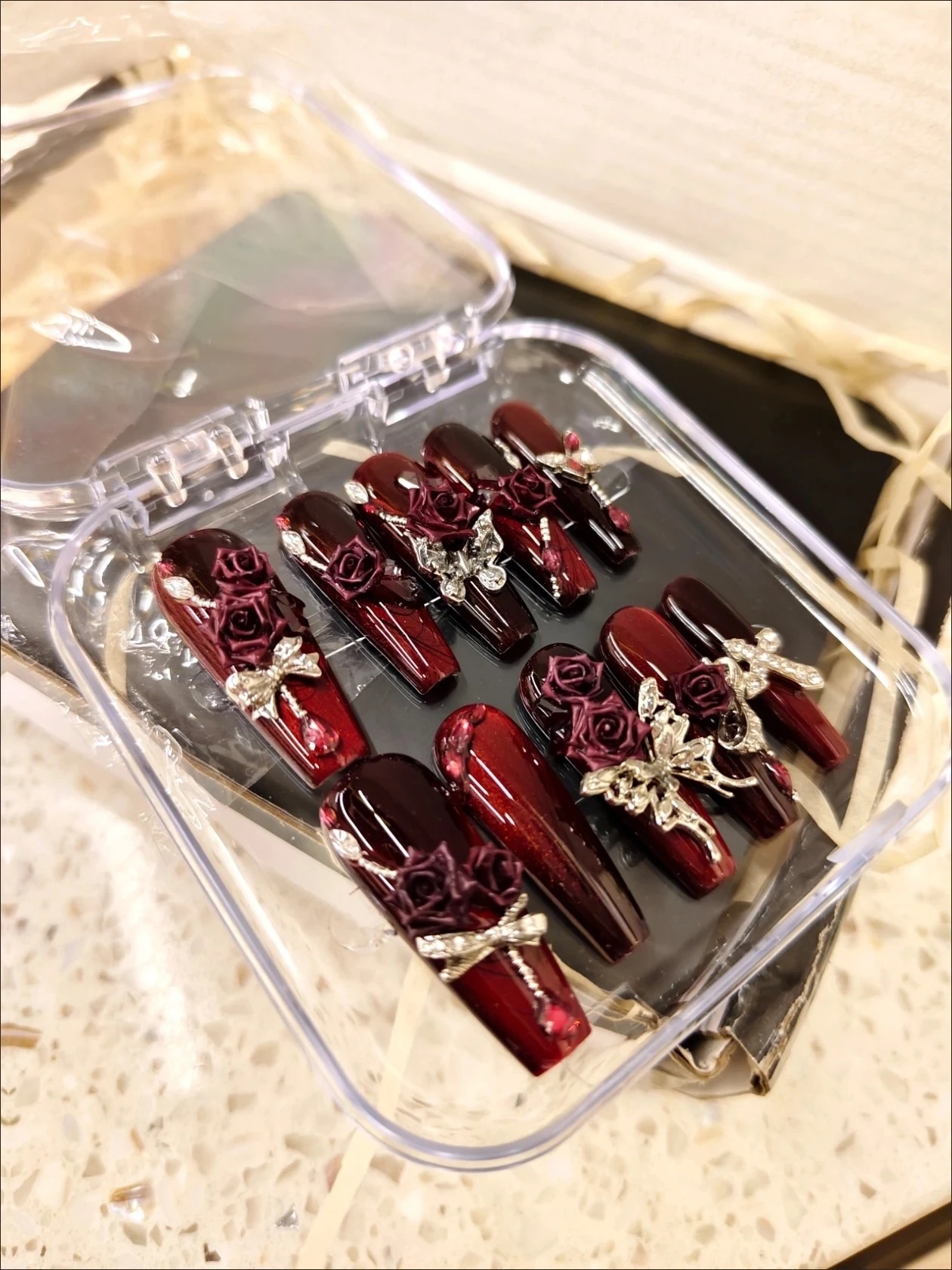 N063 Dark Punk Red Cat Eye 3D Rose Rhinestone Long Square Press-On Nails - Image 2