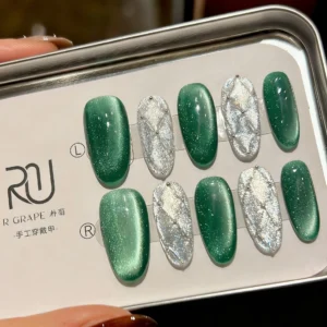 N008 Textured Plaid Cat Eye Color-Block Medium Oval Press-On Nails