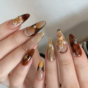 N069 Amber Glossy Gold Foil 3D Floral Rhinestone Pearl Almond Press-On Nails