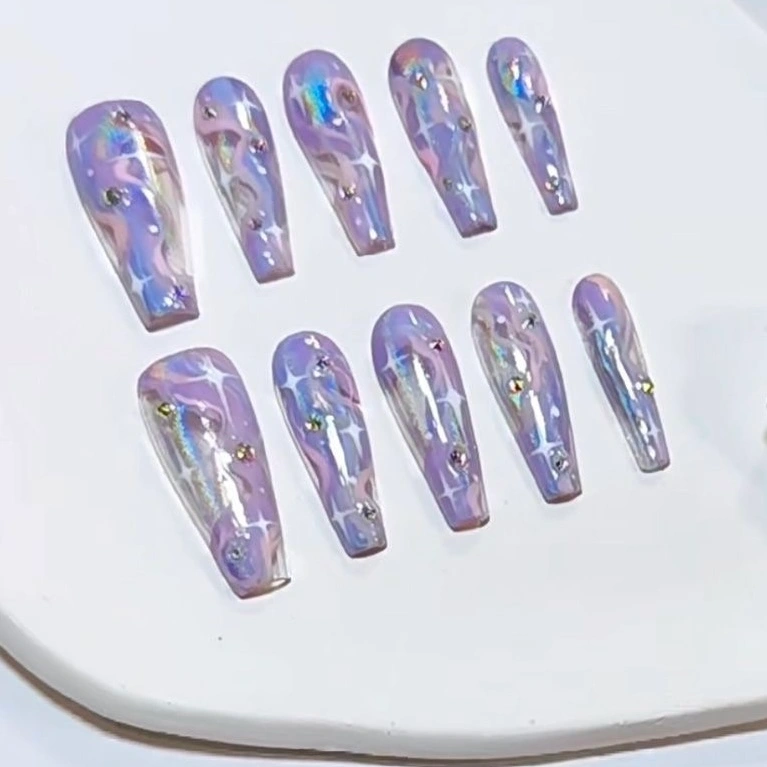 N038 Artistic Purple Glossy Multicolor Brushed Holographic Long T Press-On Nails - Image 4