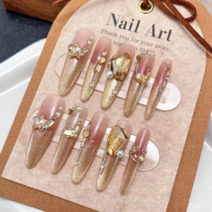 N015 Gold Glossy Long Almond Press-On Nails with Rhinestone Accents