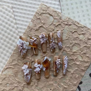 N068 Artistic Coffee Brown Glossy 3D Carved Long Oval Press-On Nails