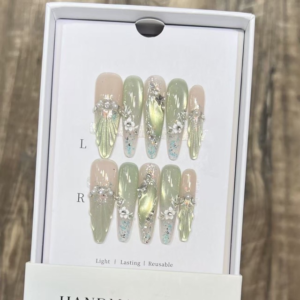 N053 Elegant Green Cat Eye Gradient Long Almond Crystal Accented 3D Floral Press-On Nails