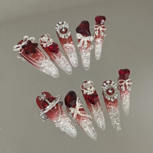 N065 Pure Red & White Ombre Cracked Ice Bow Rhinestone Long Almond Press-On Nails