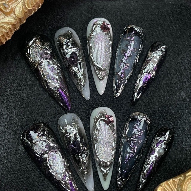 N059 Purple Metallic Long Almond Color-Contrast Embossed Press-On Nails