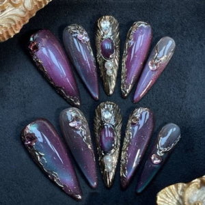 N058 Baroque Purple Cat Eye Rhinestone Glossy 3D Embossed Press-On Nails