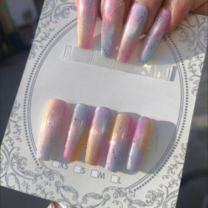 N028 Jellyfish-Inspired Pink Purple Ombre Cat Eye Long Square Press-On Nails