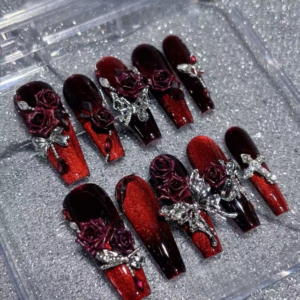 N063 Dark Punk Red Cat Eye 3D Rose Rhinestone Long Square Press-On Nails