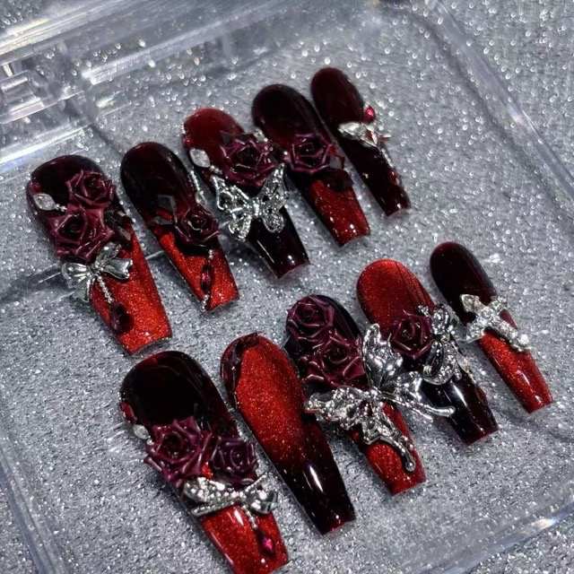 N063 Dark Punk Red Cat Eye 3D Rose Rhinestone Long Square Press-On Nails