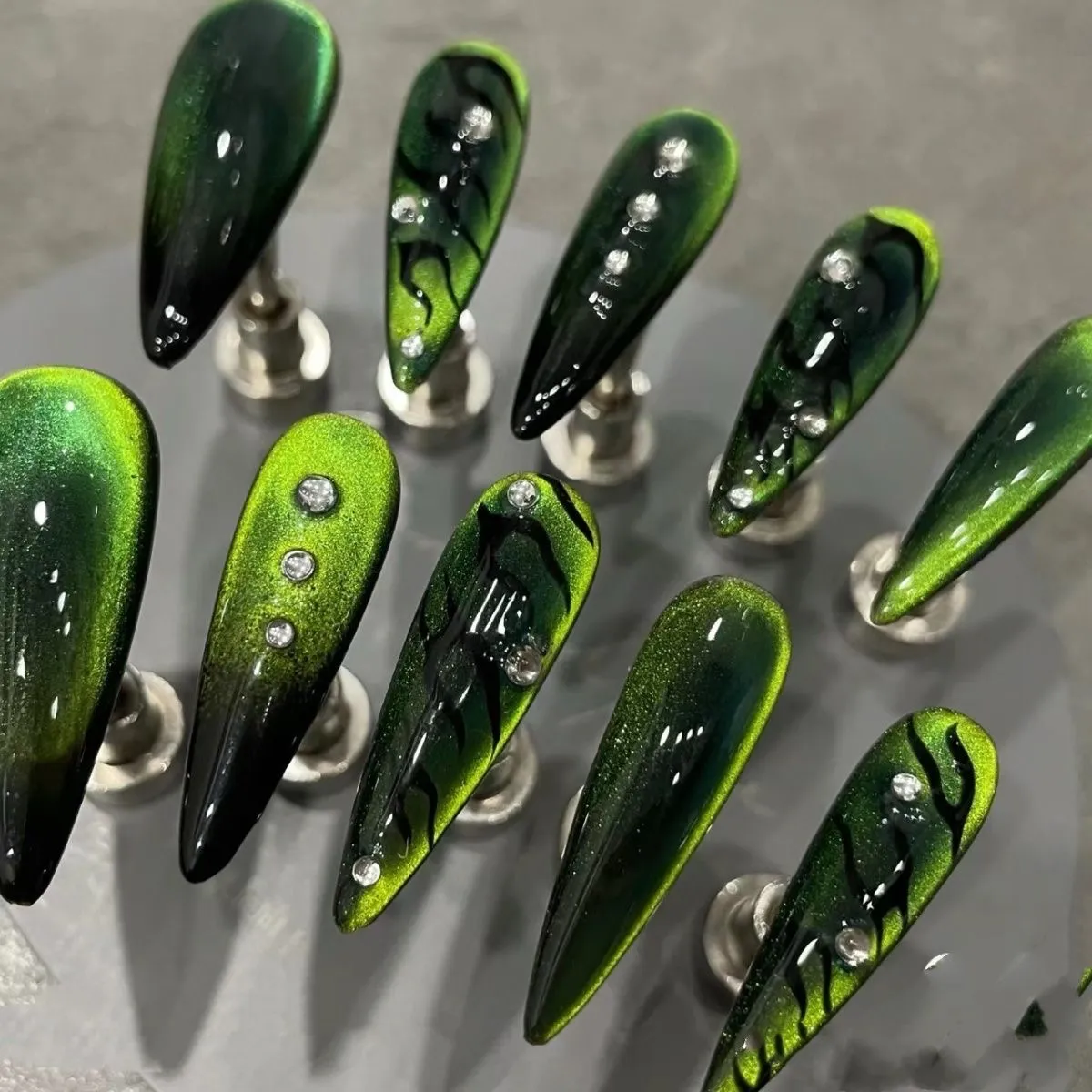 N037 Neon Green Punk Cat Eye Silver Beaded Flame Hand-Painted Long Almond Press-On Nails