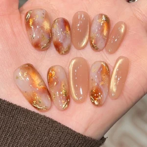 N070 Amber Cat Eye Medium Oval Gilded Color-Contrast Press-On Nails