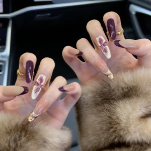 N024 Purple French Glossy Long Oval Hand-Painted Press-On Nails with Rhinestones